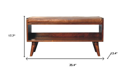 35" Brown And Chestnut Genuine Leather And Solid Wood Storage Bench