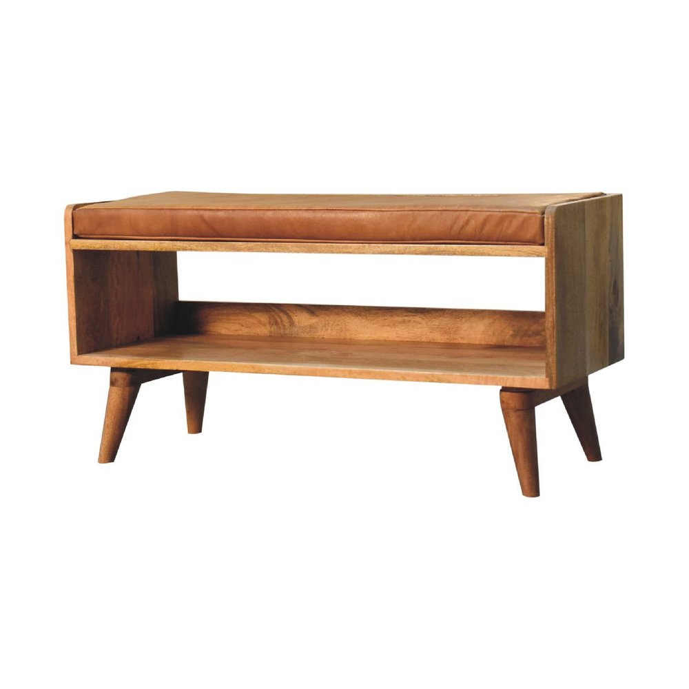 35" Tan And Brown Genuine Leather And Solid Wood Upholstered Storage Bench With Shoe Storage