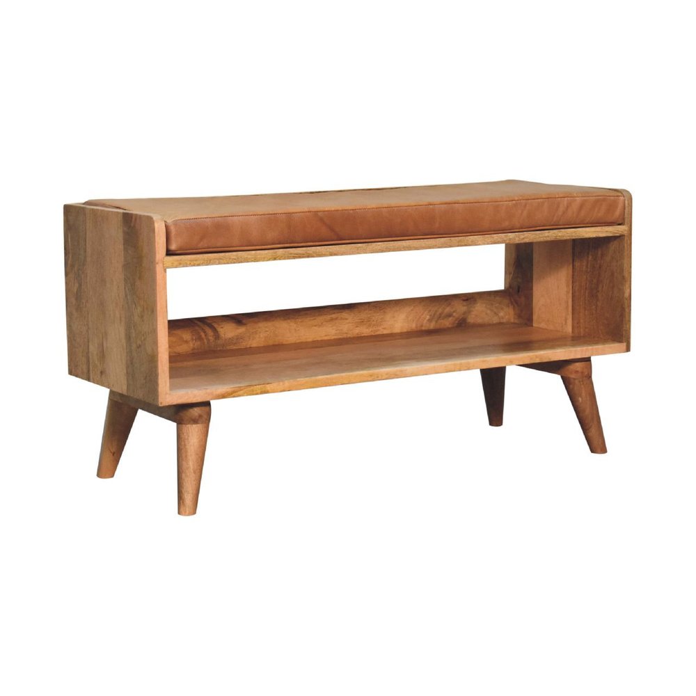 35" Tan And Brown Genuine Leather And Solid Wood Upholstered Storage Bench With Shoe Storage