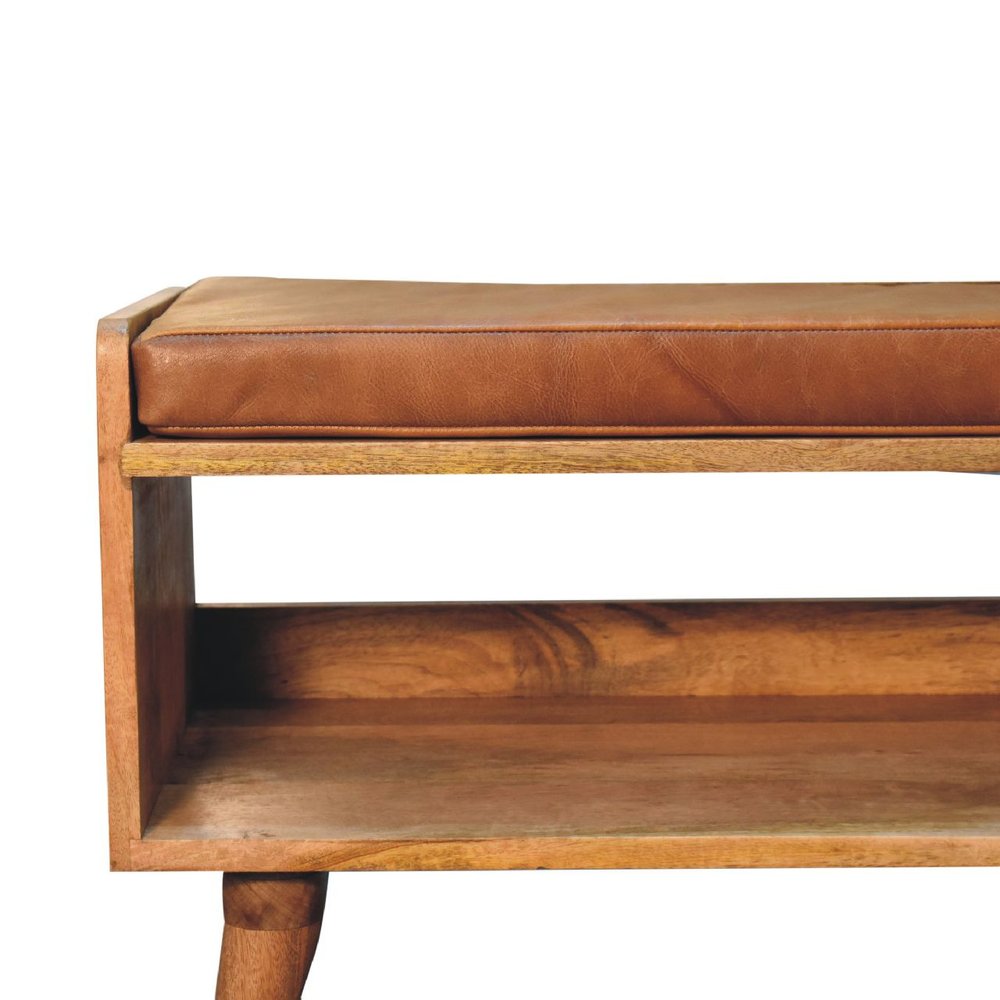 35" Tan And Brown Genuine Leather And Solid Wood Upholstered Storage Bench With Shoe Storage