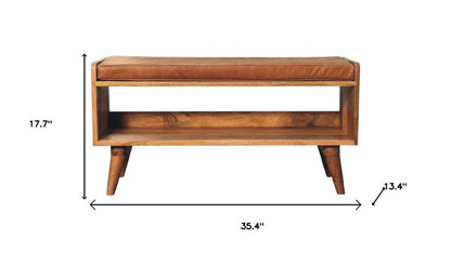 35" Tan And Brown Genuine Leather And Solid Wood Upholstered Storage Bench With Shoe Storage