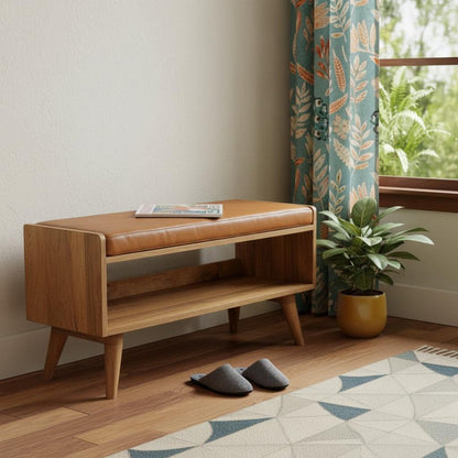 35" Tan And Brown Genuine Leather And Solid Wood Upholstered Storage Bench With Shoe Storage