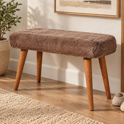 31" Brown Faux Fur And Solid Wood Upholstered Bench