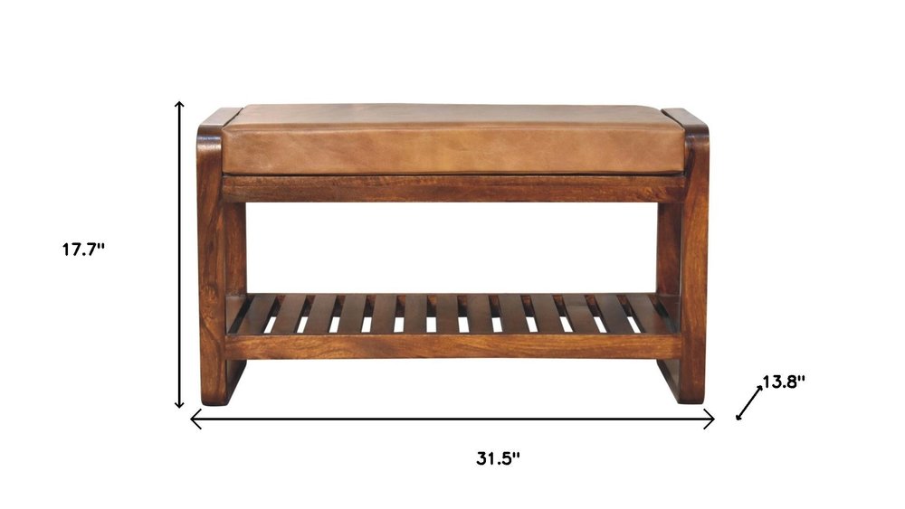 32" Tan And Brown Genuine Leather And Solid Wood Storage Bench With Shelf