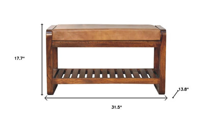 32" Tan And Brown Genuine Leather And Solid Wood Storage Bench With Shelf