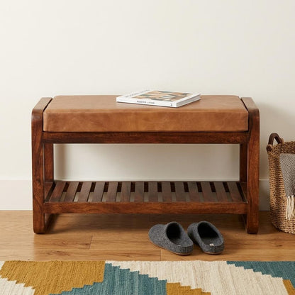 32" Tan And Brown Genuine Leather And Solid Wood Storage Bench With Shelf