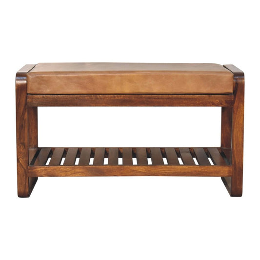 32" Tan And Brown Genuine Leather And Solid Wood Storage Bench With Shelf