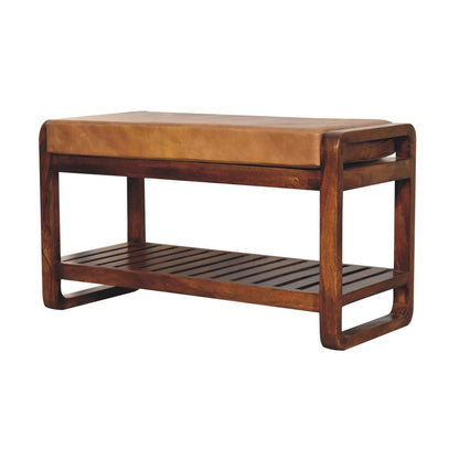 32" Tan And Brown Genuine Leather And Solid Wood Storage Bench With Shelf