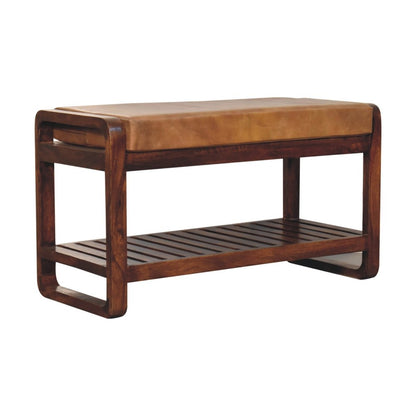 32" Tan And Brown Genuine Leather And Solid Wood Storage Bench With Shelf