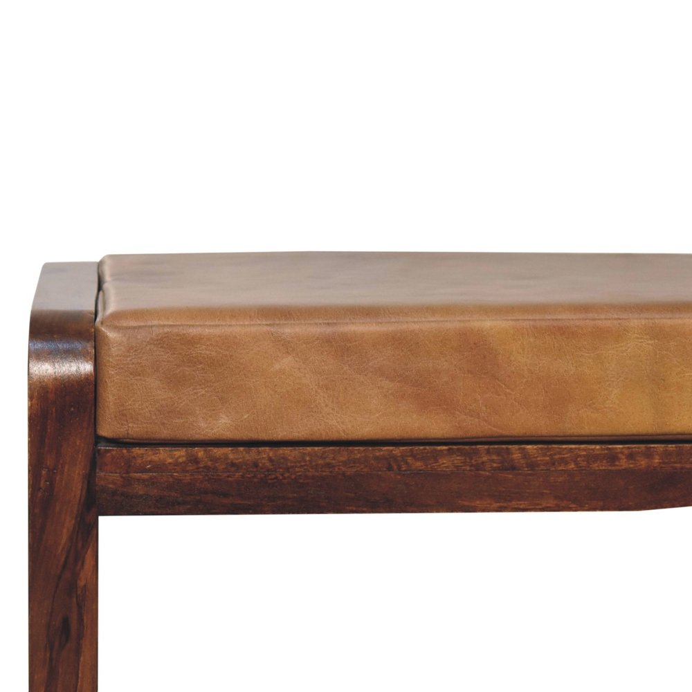 32" Tan And Brown Genuine Leather And Solid Wood Storage Bench With Shelf