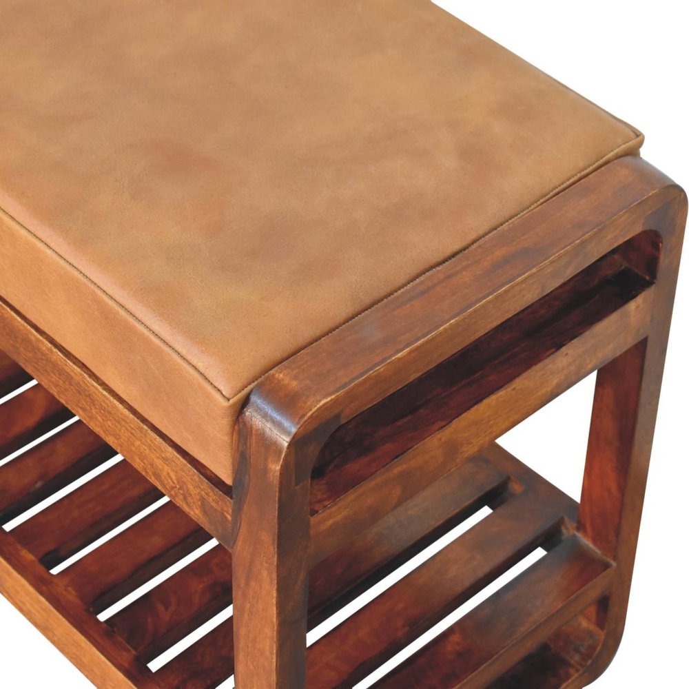 32" Tan And Brown Genuine Leather And Solid Wood Storage Bench With Shelf
