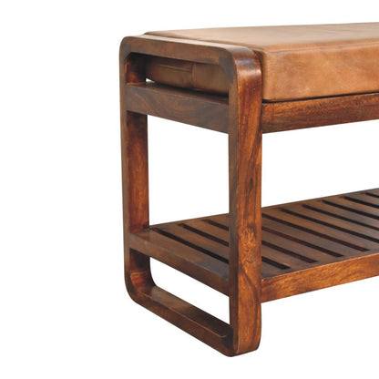 32" Tan And Brown Genuine Leather And Solid Wood Storage Bench With Shelf