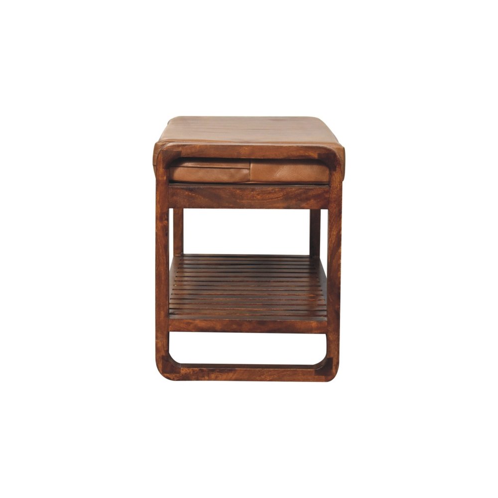 32" Tan And Brown Genuine Leather And Solid Wood Storage Bench With Shelf