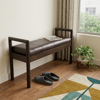 43" Black And Brown Genuine Leather And Solid Wood Upholstered Bench