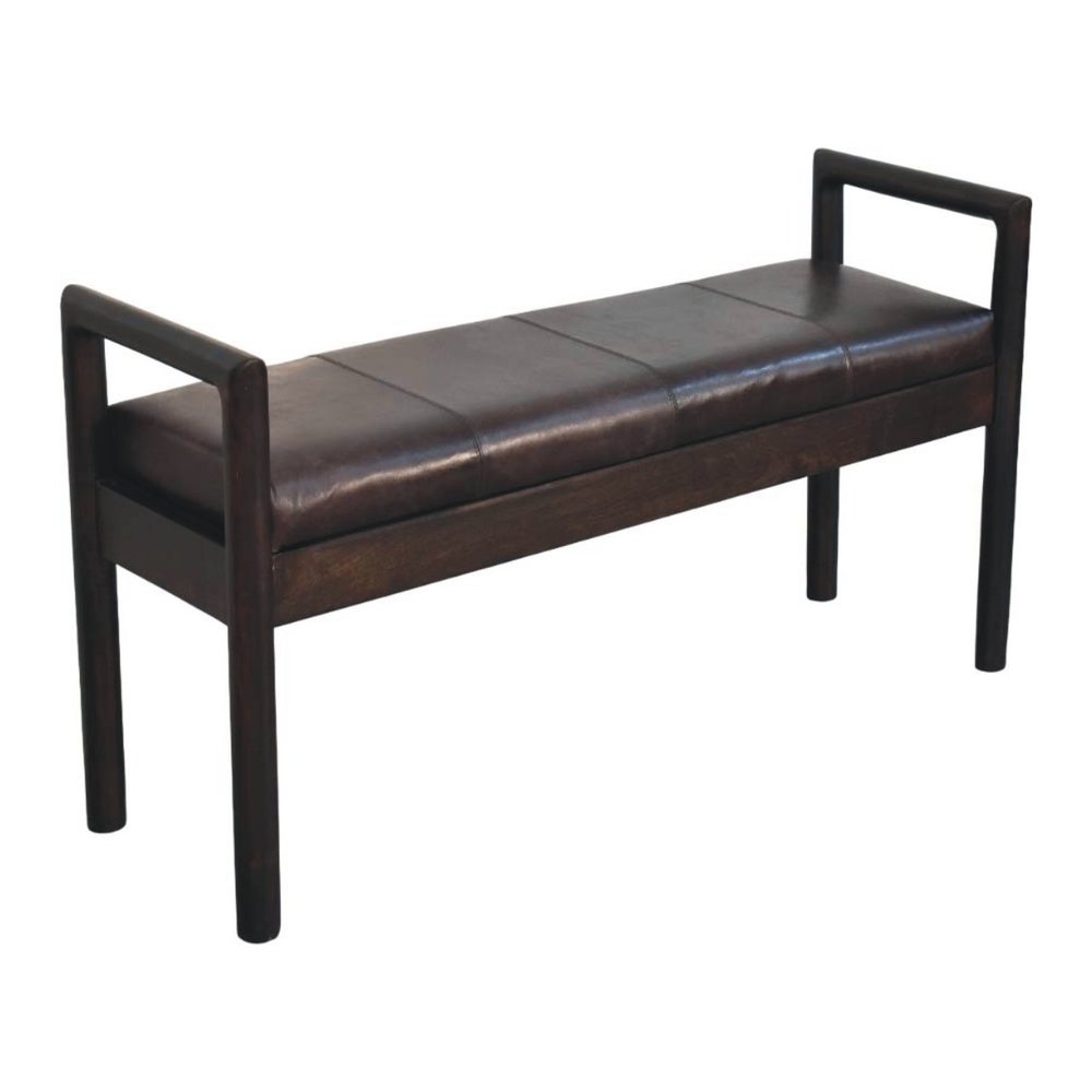 43" Black And Brown Genuine Leather And Solid Wood Upholstered Bench