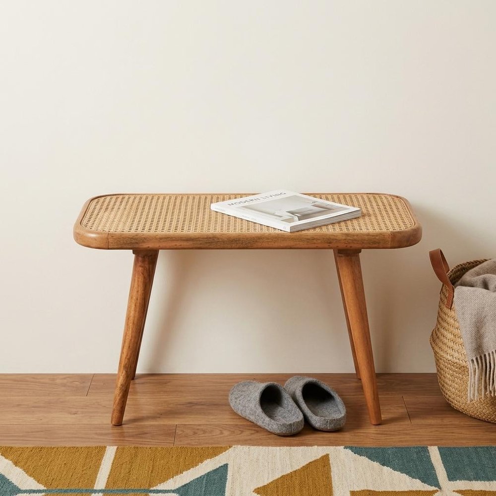 28" Brown Solid Wood and Rattan Bench