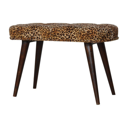 31" Brown Tan And Walnut Tufted Animal Print Velvet And Solid Wood Upholstered Bench