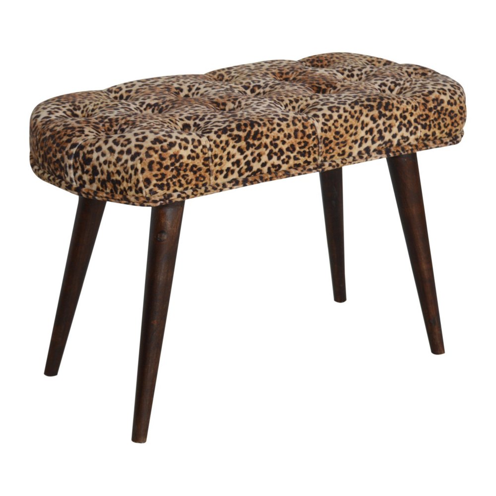 31" Brown Tan And Walnut Tufted Animal Print Velvet And Solid Wood Upholstered Bench
