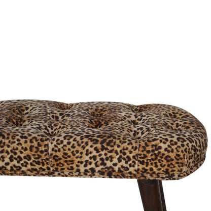 31" Brown Tan And Walnut Tufted Animal Print Velvet And Solid Wood Upholstered Bench