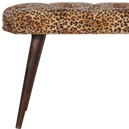 31" Brown Tan And Walnut Tufted Animal Print Velvet And Solid Wood Upholstered Bench