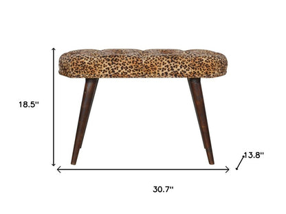 31" Brown Tan And Walnut Tufted Animal Print Velvet And Solid Wood Upholstered Bench