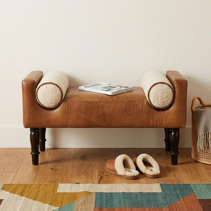 36" Brown And Walnut Genuine Leather And Solid Wood Upholstered Bench