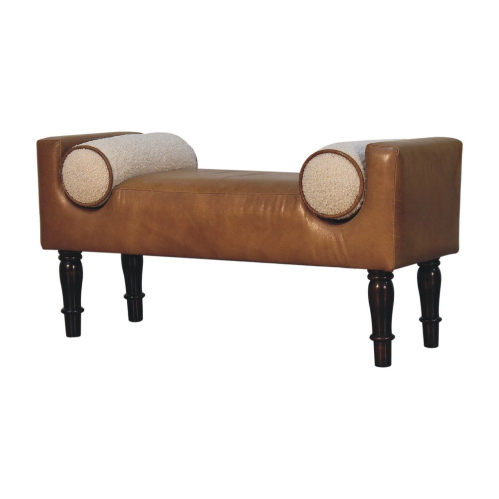 36" Brown And Walnut Genuine Leather And Solid Wood Upholstered Bench