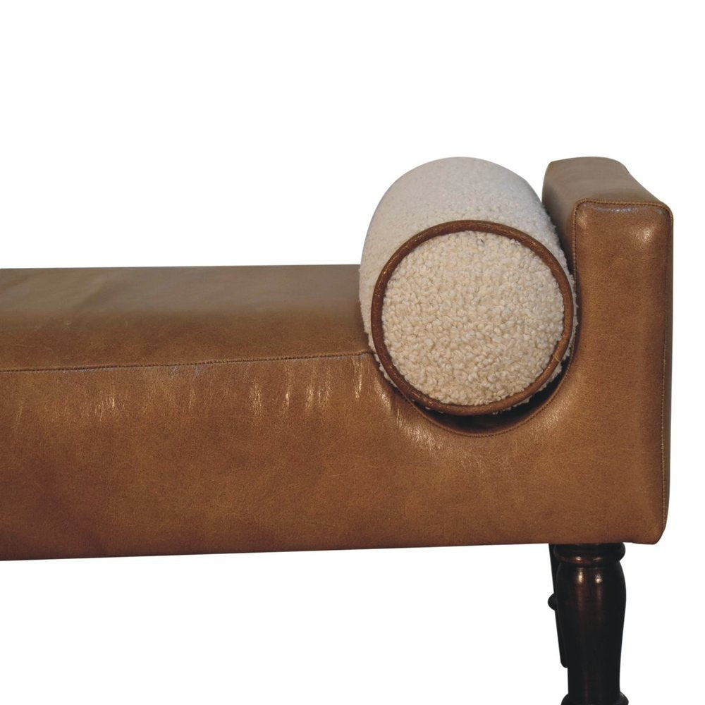 36" Brown And Walnut Genuine Leather And Solid Wood Upholstered Bench