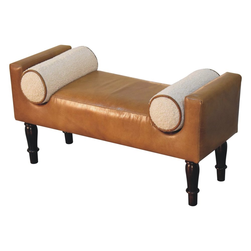 36" Brown And Walnut Genuine Leather And Solid Wood Upholstered Bench