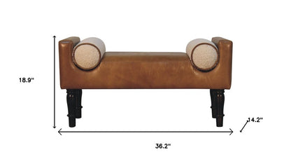 36" Brown And Walnut Genuine Leather And Solid Wood Upholstered Bench