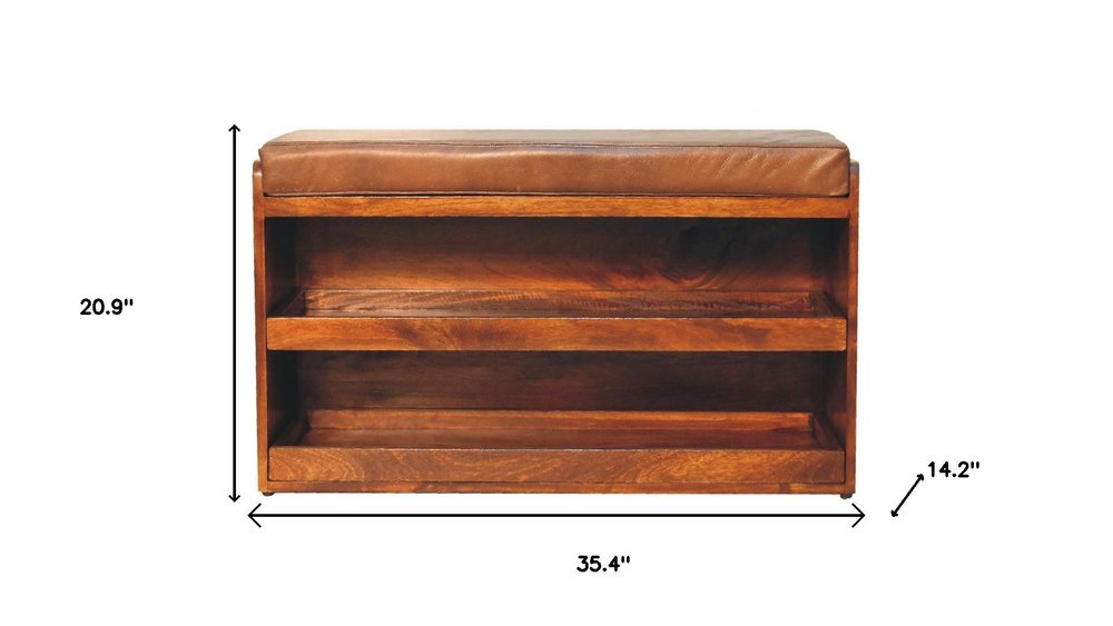 35" Brown Genuine Leather And Solid Wood Upholstered Storage Bench With Shoe Storage