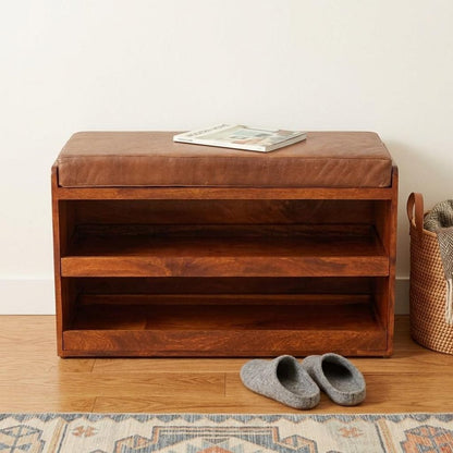 35" Brown Genuine Leather And Solid Wood Upholstered Storage Bench With Shoe Storage
