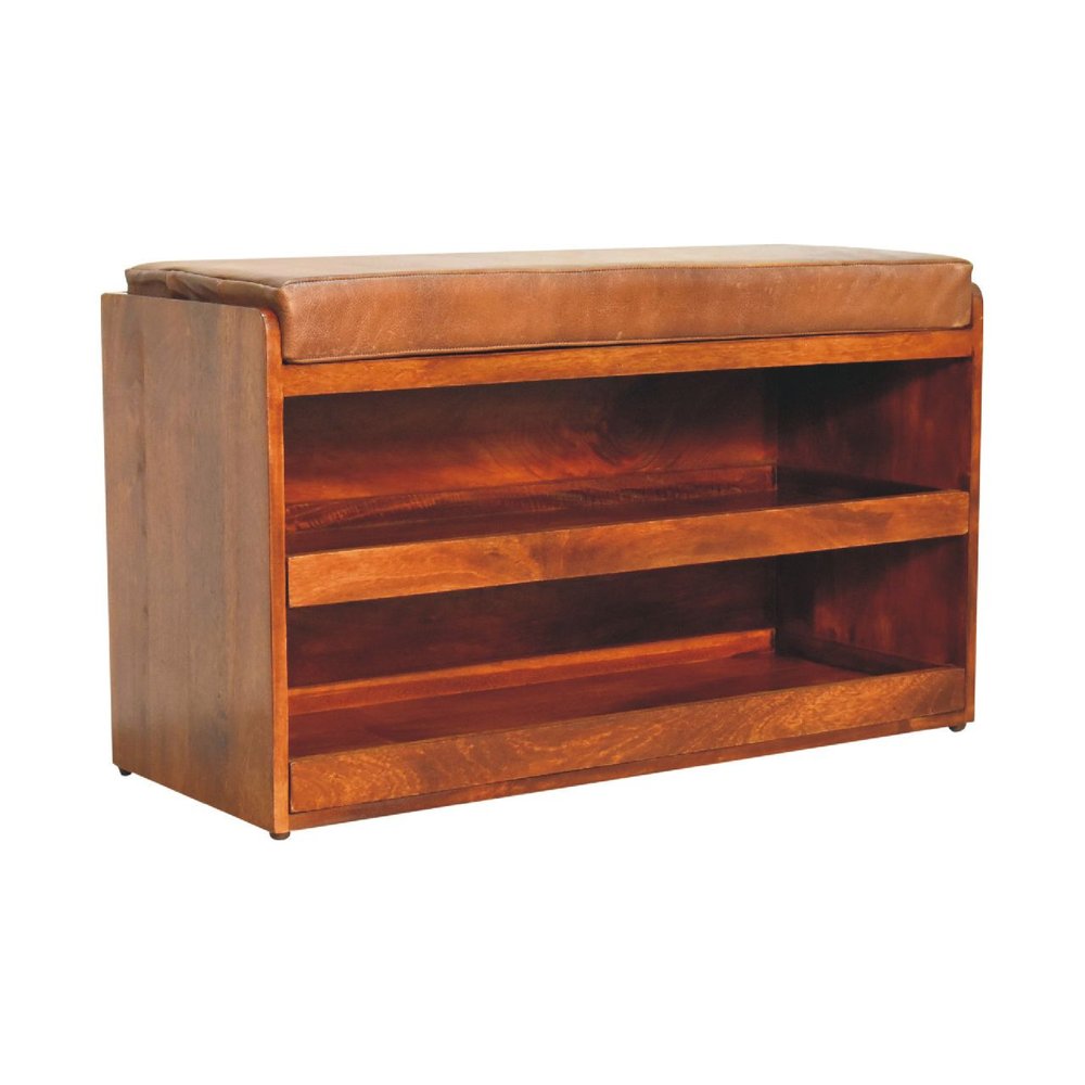 35" Brown Genuine Leather And Solid Wood Upholstered Storage Bench With Shoe Storage