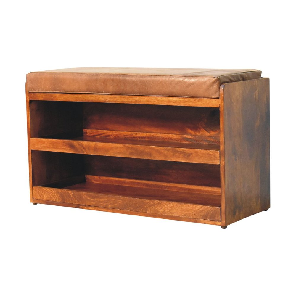 35" Brown Genuine Leather And Solid Wood Upholstered Storage Bench With Shoe Storage