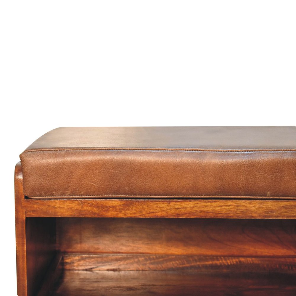 35" Brown Genuine Leather And Solid Wood Upholstered Storage Bench With Shoe Storage