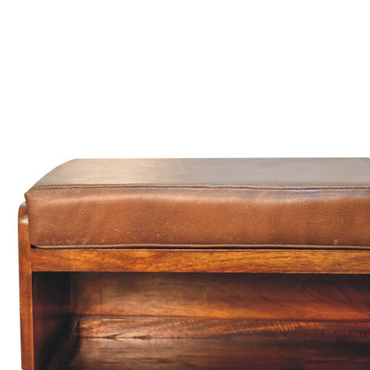 35" Brown Genuine Leather And Solid Wood Upholstered Storage Bench With Shoe Storage