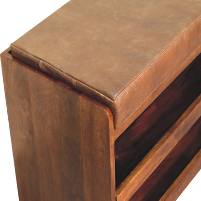 35" Brown Genuine Leather And Solid Wood Upholstered Storage Bench With Shoe Storage