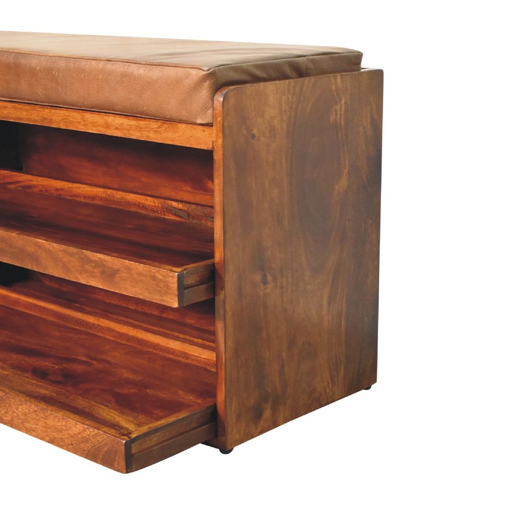 35" Brown Genuine Leather And Solid Wood Upholstered Storage Bench With Shoe Storage