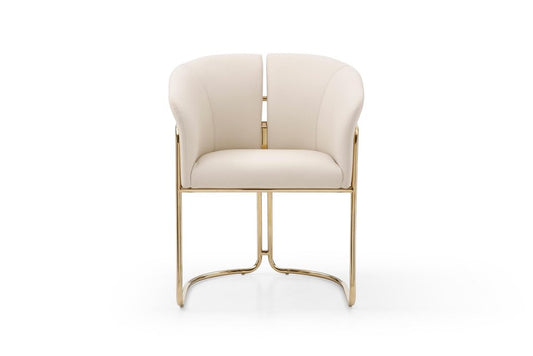 Beige and Gold Faux Leather and Metal Partially Open Back Dining Arm Chair