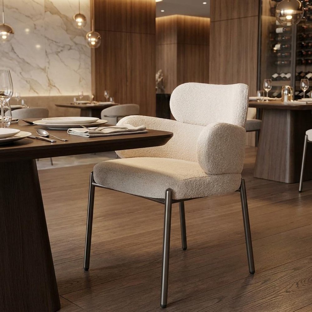 Beige and Gunmetal Boucle and Steel Dining Arm Chair
