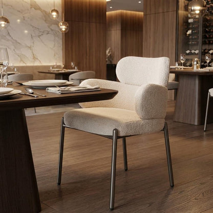 Beige and Gunmetal Boucle and Steel Dining Arm Chair
