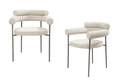Set of Two Light Gray and Gunmetal Boucle and Stainless Steel Open Back Dining Arm Chairs