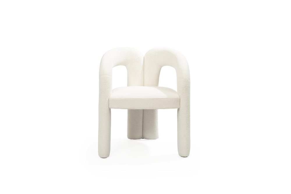 White Boucle Partially Open Back Dining Arm Chair