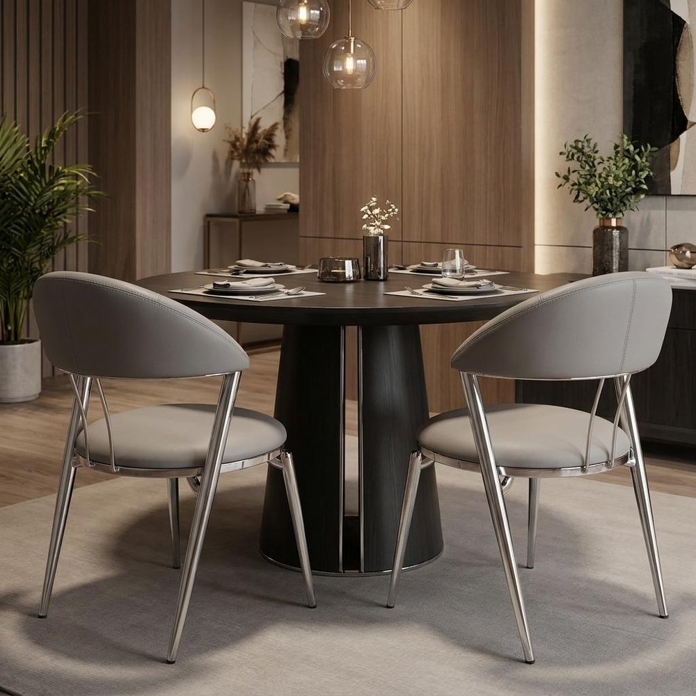 Set of Two Gray and Silver Faux Leather and Stainless Steel Open Back Dining Side Chairs