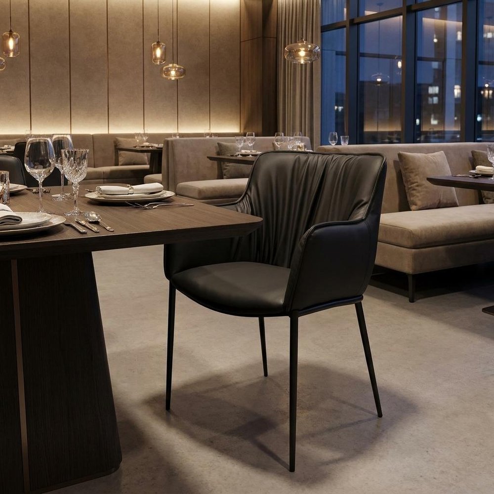 Black Faux Leather and Steel Dining Arm Chair
