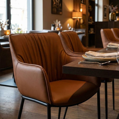 Brown and Black Faux Leather and Steel Dining Arm Chair