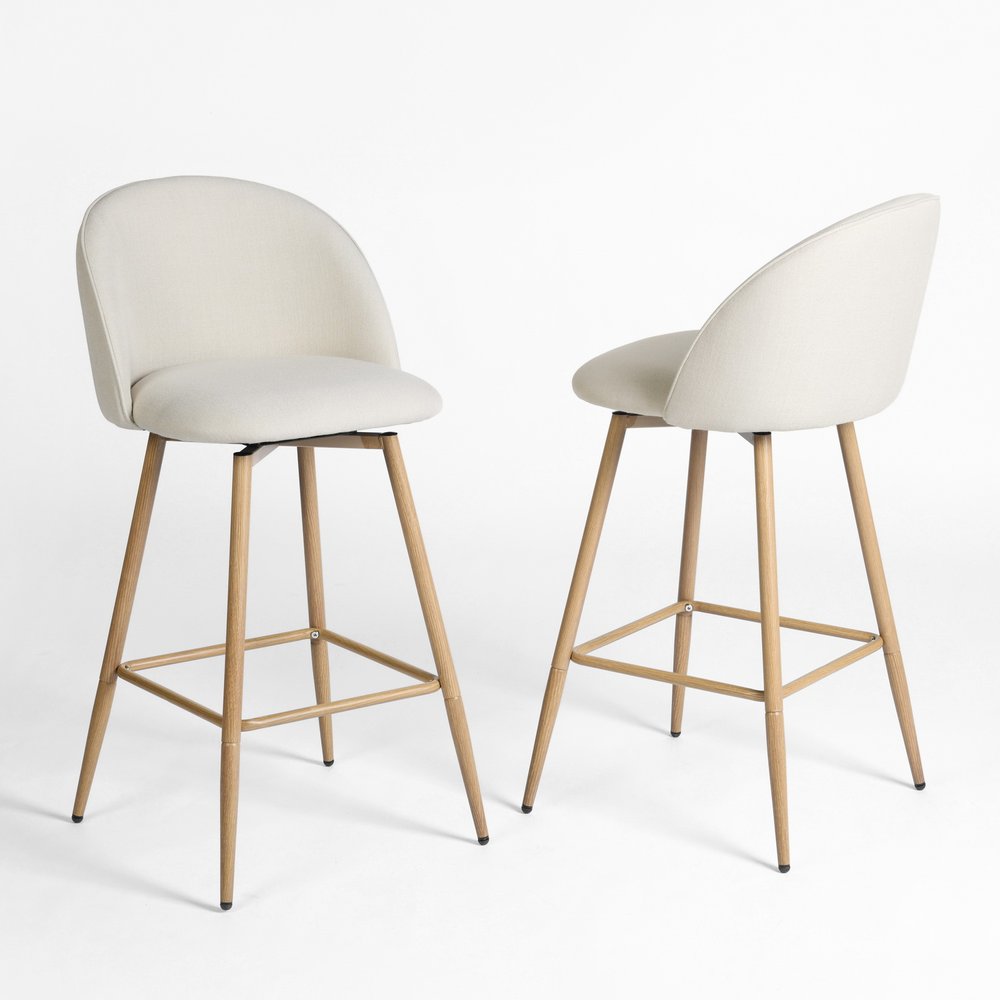 Set of Two 27" Beige And Oak Fabric And Metal Low Back Counter Height Swivel Bar Chairs