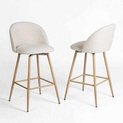 Set of Two 27" Beige And Oak Fabric And Metal Low Back Counter Height Swivel Bar Chairs