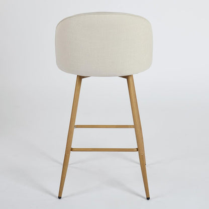 Set of Two 27" Beige And Oak Fabric And Metal Low Back Counter Height Swivel Bar Chairs