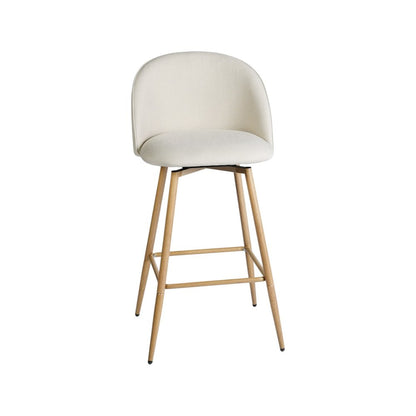 Set of Two 27" Beige And Oak Fabric And Metal Low Back Counter Height Swivel Bar Chairs